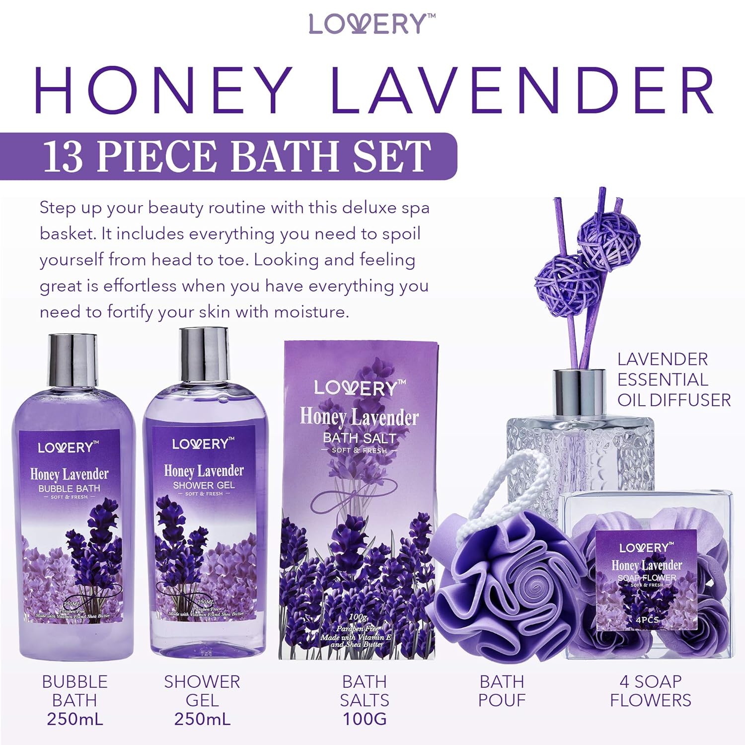 13 Piece Honey Lavender Spa Gift Basket for Her or Him with Essential Oil Diffuser - Image 2