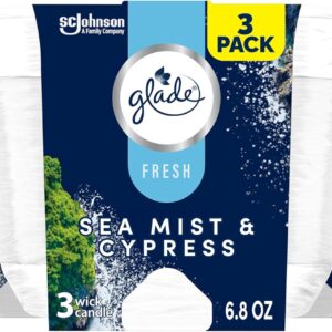 Glade 3-Wick Scented Candle Jar, Sea Mist & Cypress, Air Freshener Infused with Essential Oils, 6.8 Oz, 3 Count
