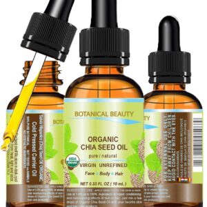 Botanical Beauty Organic CHIA SEED OIL 100% Pure Natural Virgin Unrefined Cold-pressed carrier oil 0.33 Fl oz 10 ml for Face, Skin, Body, Hair, Lip, Nails. Rich in vitamin E