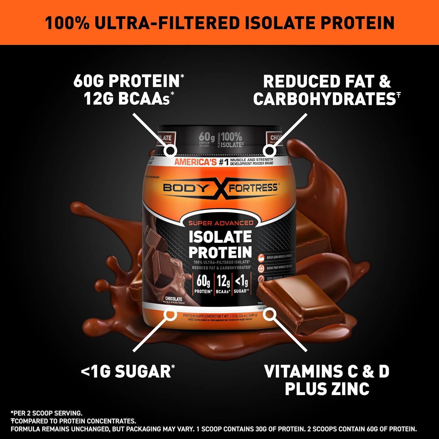 Body Fortress Super Advanced Isolate Chocolate Protein Powder 1.5lb Gluten-Free - Image 2