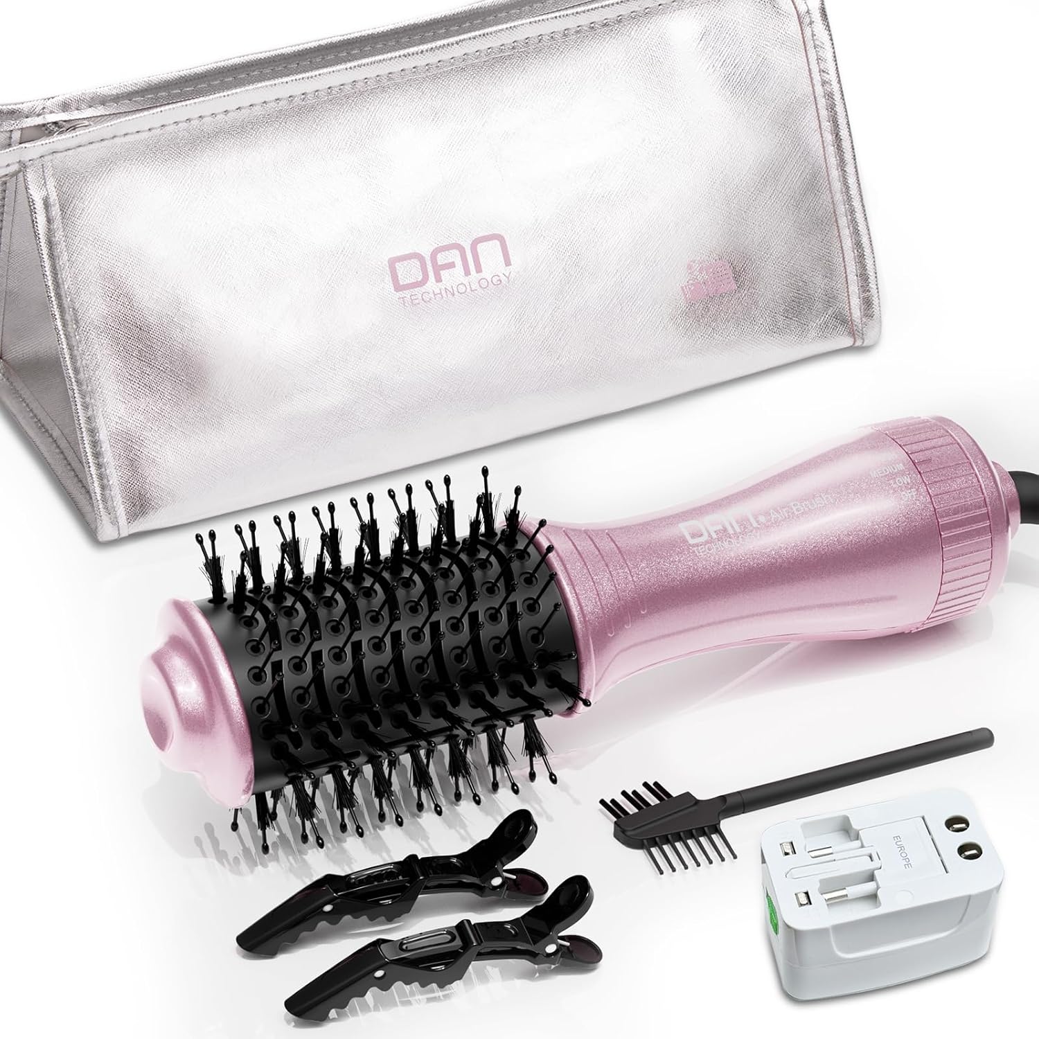 DAN Technology dual voltage hair dryer brush,2 inch blow dryer brush,110V-120V/220V-240V Automatic dual voltage,Small Brush Hair dryers with Multifunctional conversion plug,for European and Travel Use