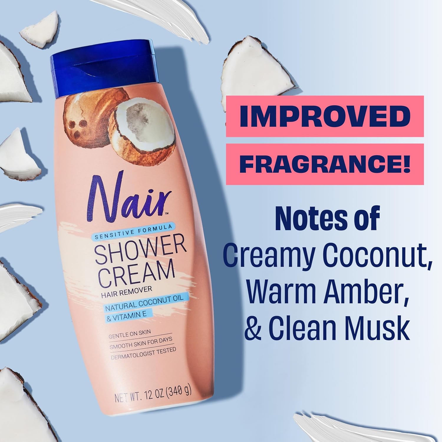 Nair Sensitive Shower Cream Hair Remover with Natural Coconut Oil and Vitamin E, Body Hair Removal Cream, 12 oz - Image 2