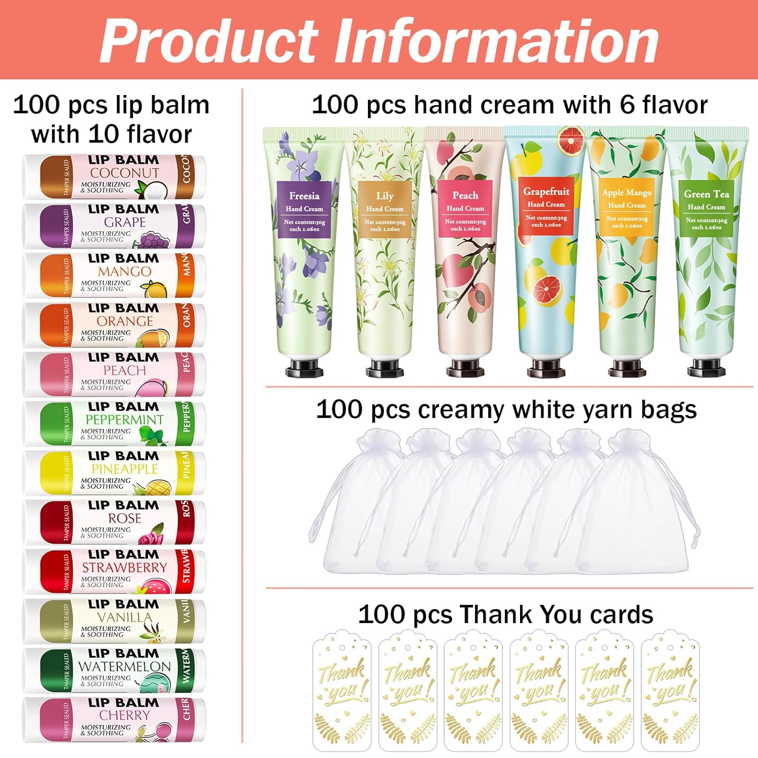 AZEN 100-Piece Hand Cream and Lip Balm Set with Organza Bag Thank You Card Guest Favors - Image 2