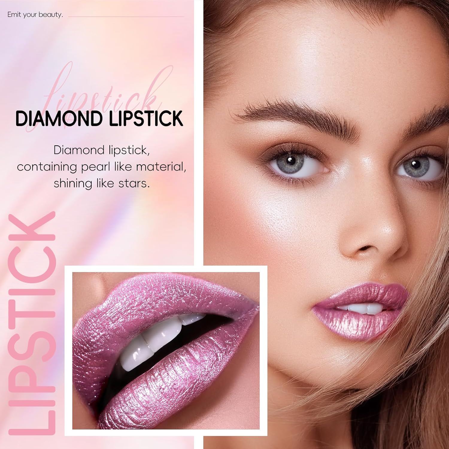 Metallic Pink Frost Glitter Lipstick for Women, Long Lasting High Shine Diamond Creamy Nude Light Pink Lipstick Transfer Proof,Shimmer High Impact Full Coverage Non Stick Cup Lip Makeup#1 - Image 2