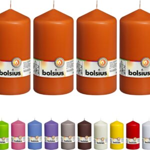 BOLSIUS 4 Orange Pillar Candles - 3x6 Inches - Individually Wrapped - Premium European Quality - 65 Burn Hours - Dripless & Smokeless Smooth Flame - Unscented Dinner, Wedding, Party, & Décor Candles