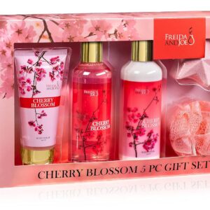 Bath and Body Gift Basket For Women – 5 Piece Set of Cherry Blossom Bath & Body Collection Gift Box, Includes Shower Gel, Body Lotion, Body Scrub, Bath Bomb & Sponge - Appreciation Gift Ideas