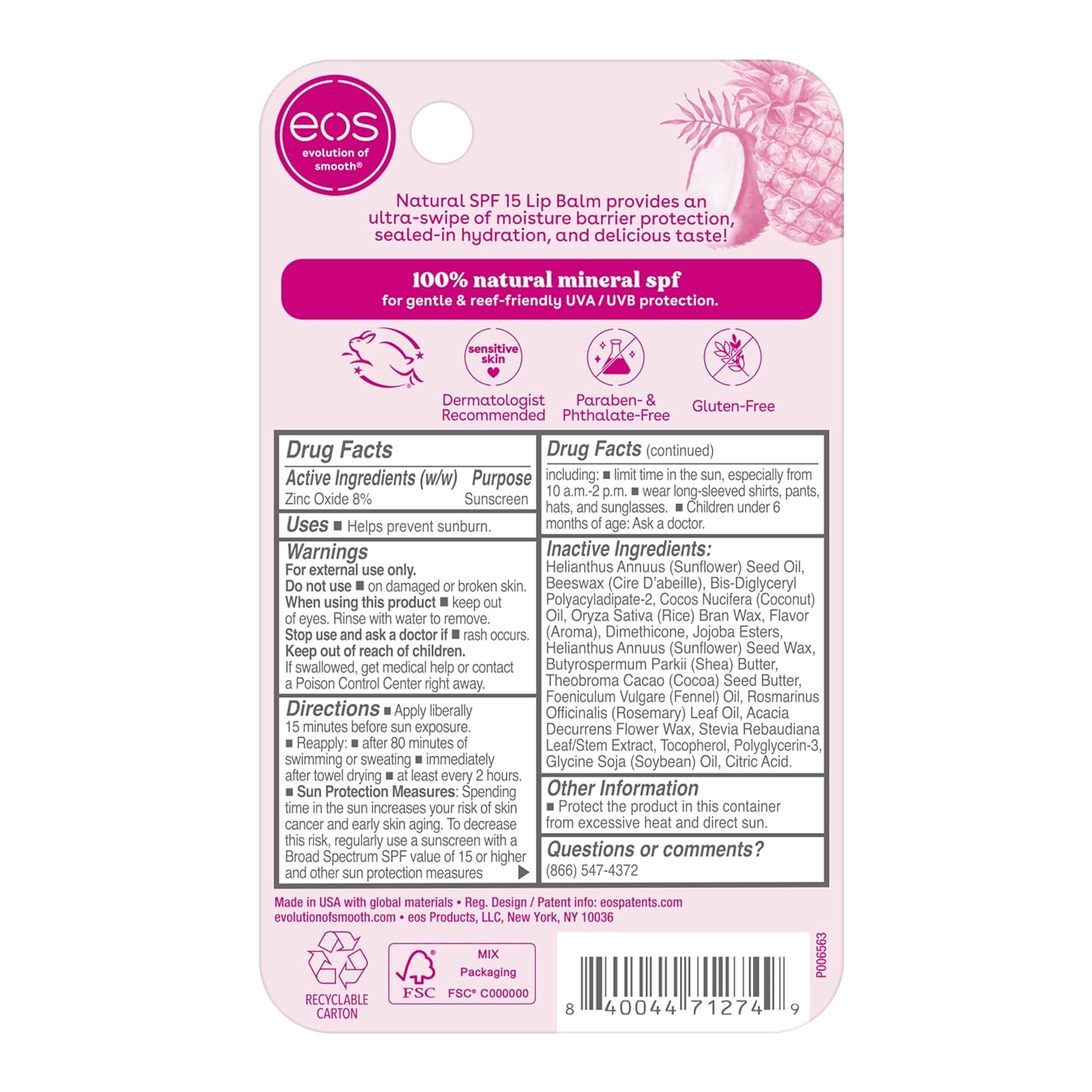 Eos Natural Pineapple Coconut SPF 15 Lip Balm 0.14 oz Water Resistant Daily Protection - Image 8
