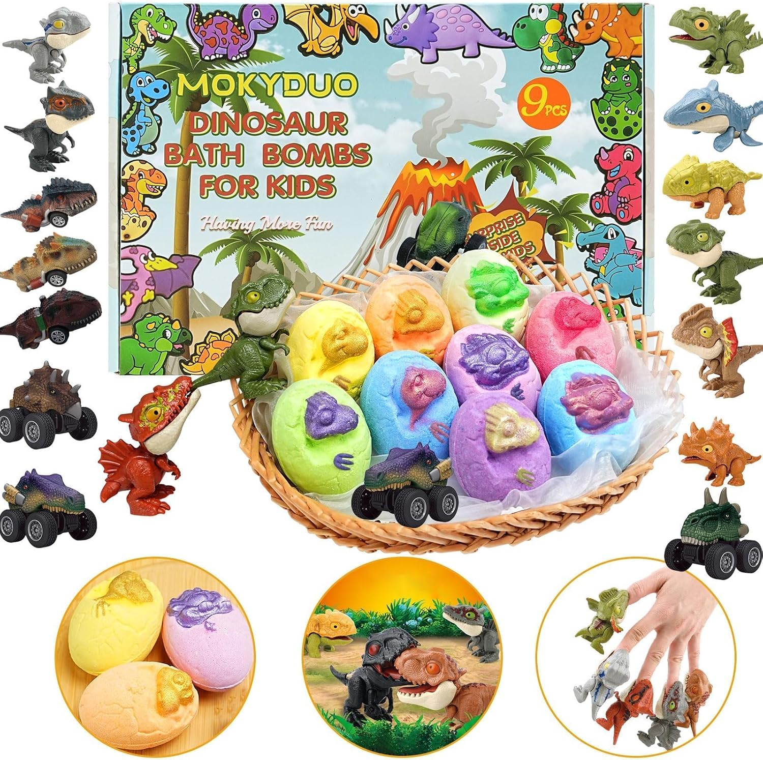 Dinosaur Bath Bomb Set for Kids – 9 Handmade Fizzing Bombs with Surprise Toys + 3 Bonus Toys, Gift Set for Birthday Party, Christmas, Children's Day, Unique Gift Ideas for Boys & Girls