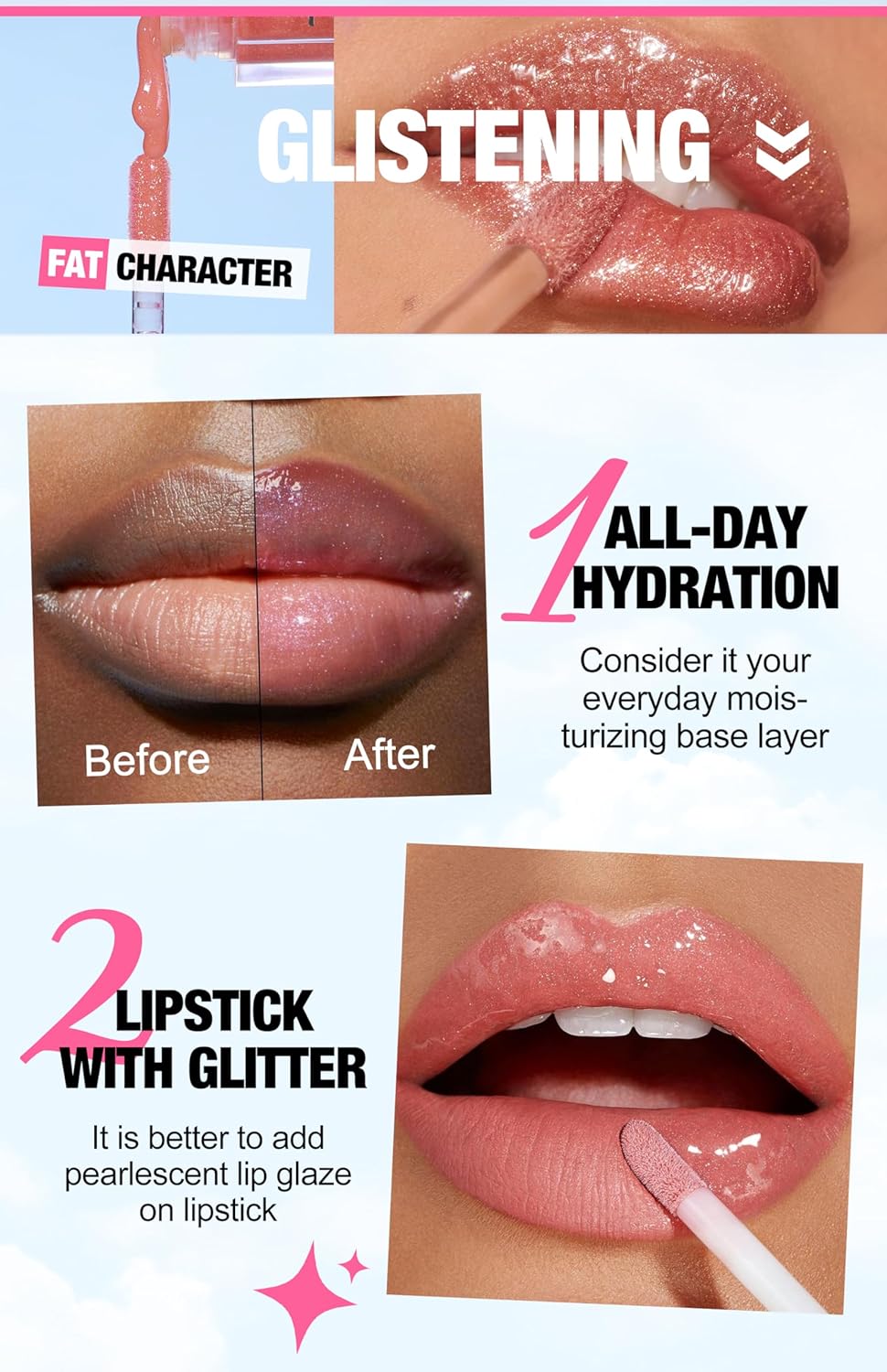 Shimmery Glitter Lip Oil Gloss Set 6 Vegan Colors 0.2 oz Plumping Non-Sticky - Image 5