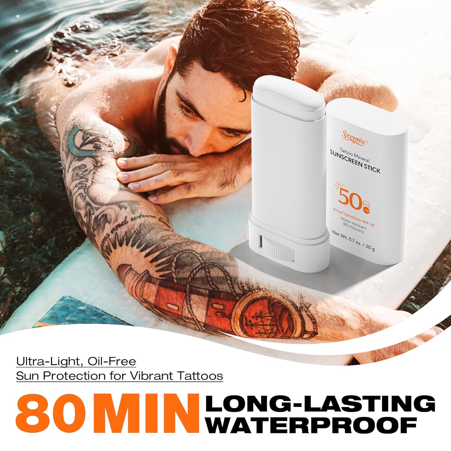 Sexymix Tattoo Sunscreen SPF 50 Sunscreen Stick, Mineral Sun Protection with Zinc Oxide, Broad Spectrum UVA/UVB Protection, Waterproof, Non-Greasy, Enhances Colors Tattoo Aftercare 0.7oz (2 Packs) - Image 4