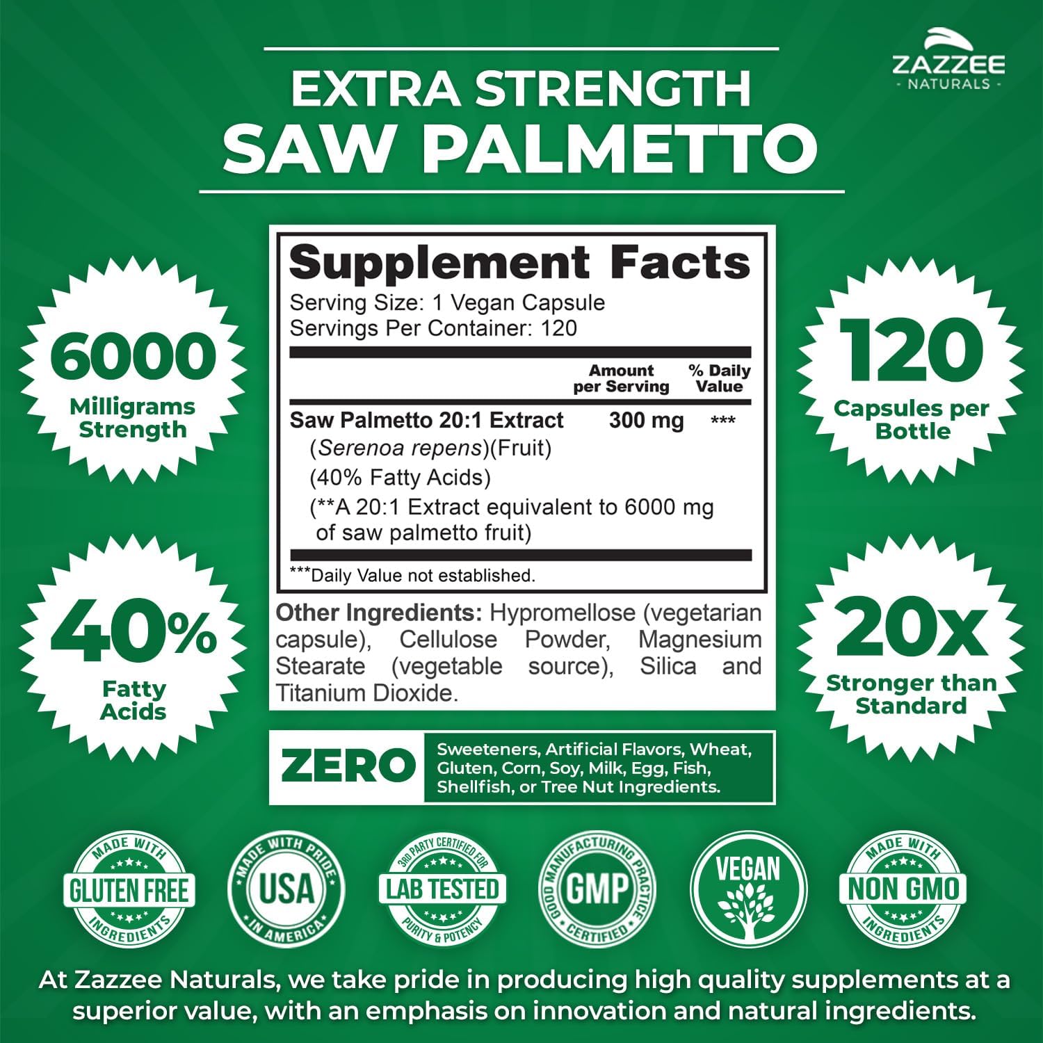 Zazzee Extra Strength Saw Palmetto 20:1 Extract, 6000 mg Strength, 40% Fatty Acids, 120 Vegan Capsules, 4 Month Supply, Concentrated and Standardized 20X Extract, Non-GMO, All-Natural, Made in the USA - Image 2