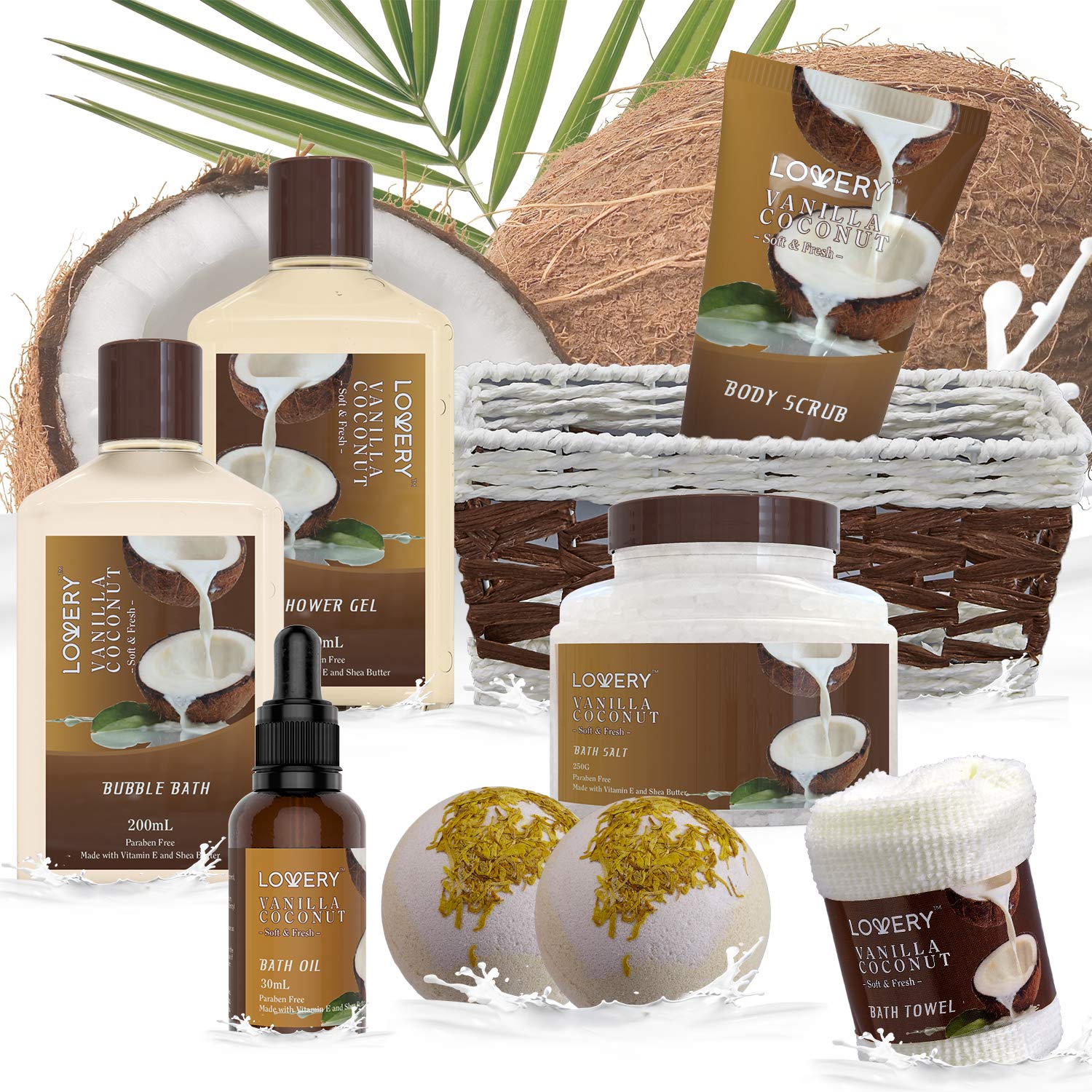 Vanilla Coconut Home Spa Set for Women and Men – 9 Piece Luxury Bath Gift Basket with Lotions, Extra Large Bath Bombs, Coconut Oil, Towel - Image 5
