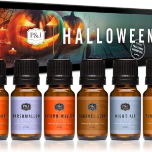 P&J Fragrance Oil Halloween Set | Autumn Wreath, Pumpkin Pie, Candy Corn, Marshmallow, Night Air, and Caramel Corn Candle Freshie Scents for Candle Making, Soap Making Supplies