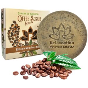Relaxcation 100% Natural Coffee Scrub Soap Bar with Organic Cocoa Butter and Fresh Ground Coffee - Natural Cold Process Soap Handmade in USA | Latte Aroma Oil