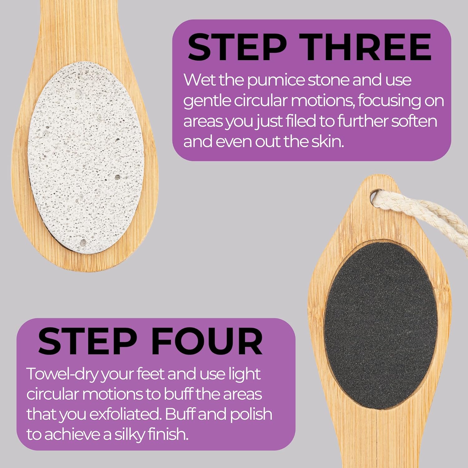 Dermasuri 4 in 1 Exfoliating Foot Scrub Kit - Multi Purpose Foot Care - Natural Bamboo Pedicure Foot Spa Kit - Pumice Stone Callus Remover, Stainless Steel File, Sand Paper Surface, & Dry Brush - Image 4