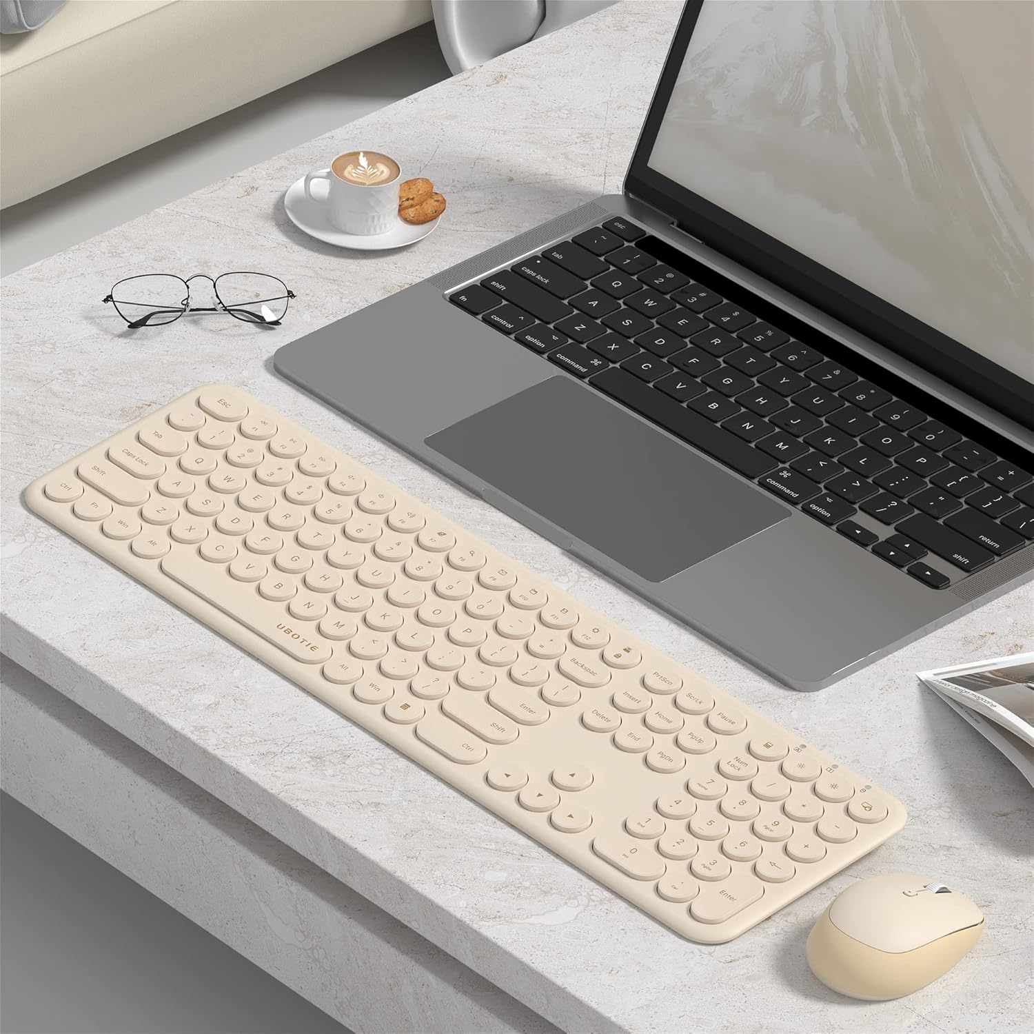 UBOTIE Wireless Keyboards and Mouse, Quiet Scissor Switches Slim Keyboards Mice Set, Silent Full Size 111 Round Keycaps with Adjustable DPI Mouse, Power On/Off Button for PC Laptop (Light Khaki) - Image 3