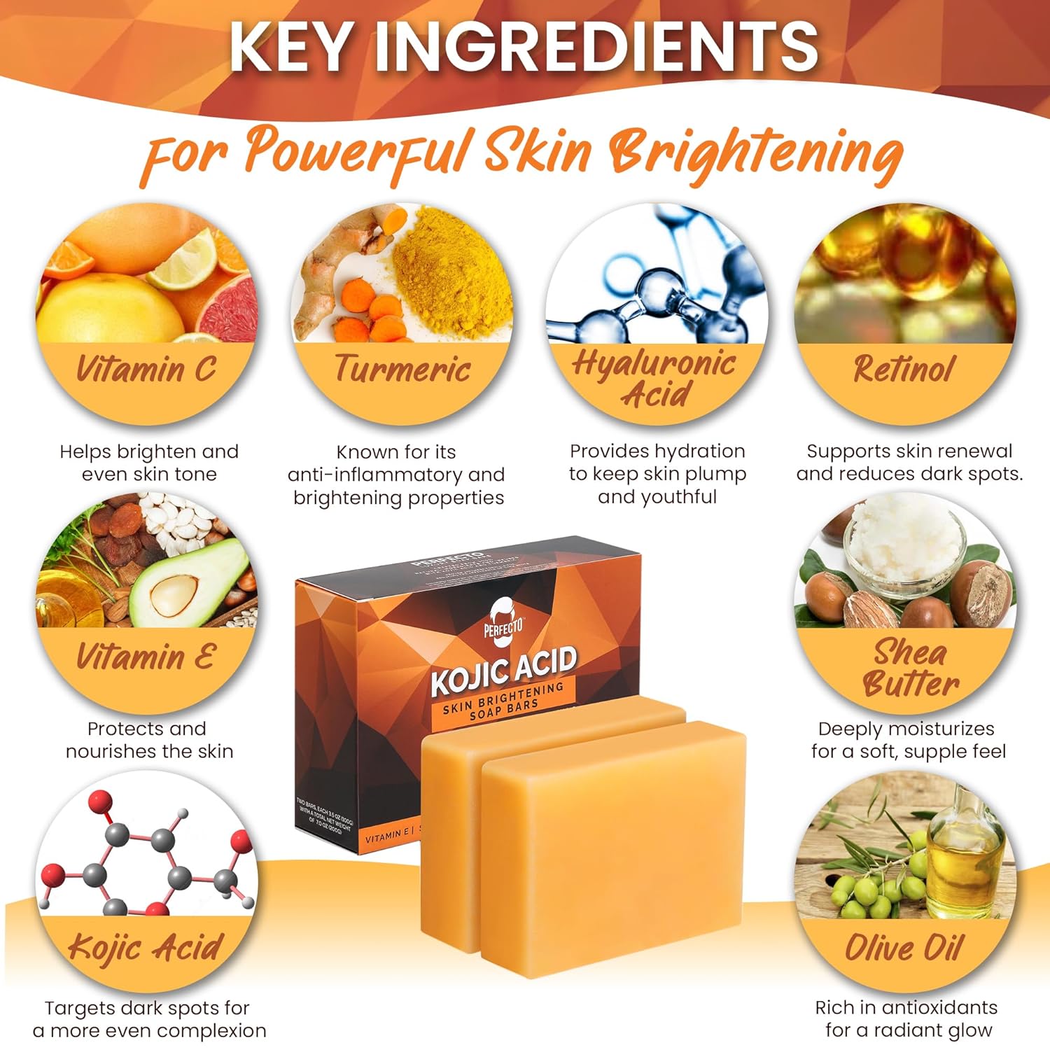 Perfecto Kojic Acid Soap for Hyperpigmentation - All-Natural Kojic Acid Turmeric Soap Bars - Soap Bar Reduces Dark Spots - Skin Soap with Vitamin C, Retinol, Collagen -100g x 2 Bars - Image 3