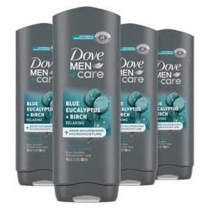 DOVE MEN + CARE Mens Body Wash Blue Eucalyptus and Birch 4 Count Dry Skin Body Wash with Micromoisture, Effectively Washes Away Bacteria While Nourishing Your Skin, 18 oz
