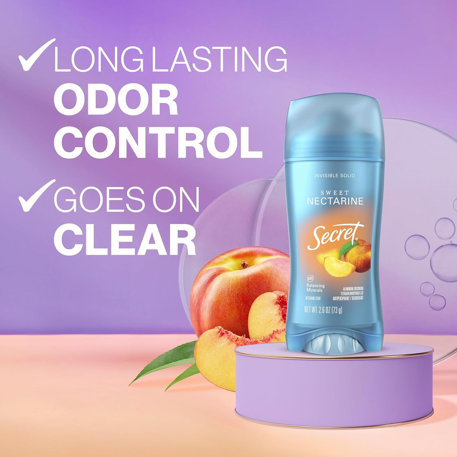 Secret Fresh Antiperspirant Deodorant for Women, 72hr Breathable Sweat & Odor Protection, Instant Freshness & Gentle, PH Balancing Minerals, Invisible Solid, Sweet Nectarine Scent, 2.6 oz - Image 2