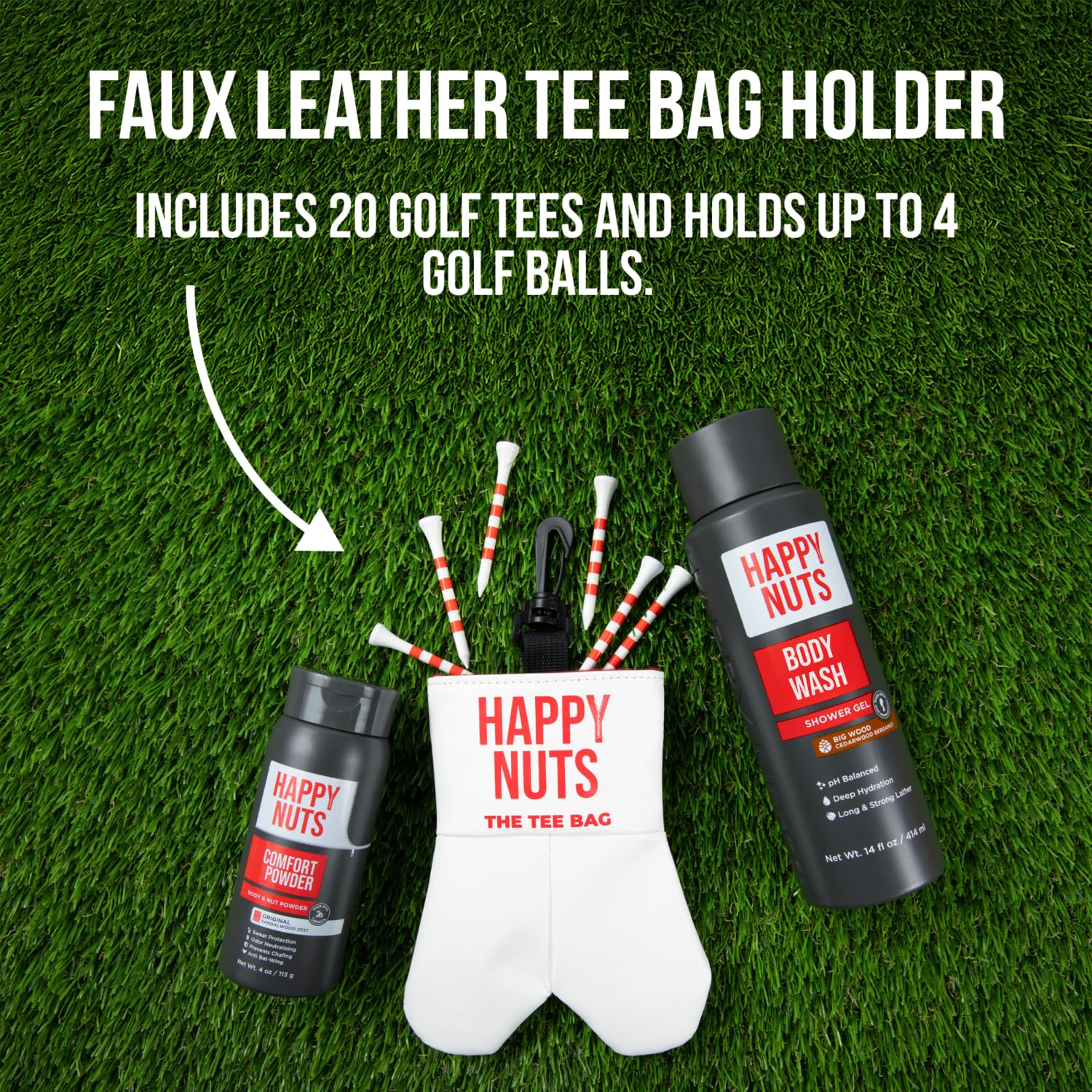 Happy Nuts Men's Golf Tee Bag Grooming Kit with Sandalwood Body Wash and Anti-Chafing Powder - Image 3