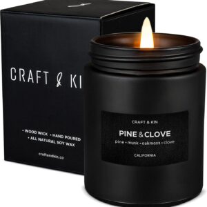 Craft & Kin Premium Pine & Clove Candle | Black Scented Candles | Fathers Day Gift for Dad | Long Lasting with 45 Hour Burn Time, 7.6oz | Made with Soy Wax | Aromatherapy at Home | Gifts for Men