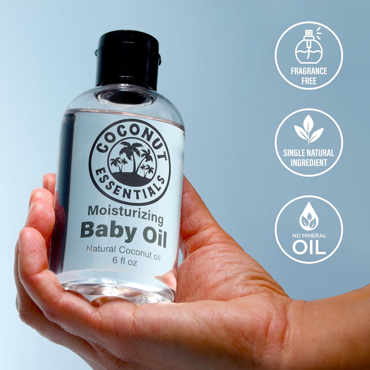 Coconut Essentials BABY OIL - Liquid Coconut oil (MCT) - No Mineral oil - Unscented Moisturizer - Infant & Newborn - Massage, Scalp Sensitive Skin, Eczema & Dry Skin Relief - Fragrance Free (6oz) - Image 2