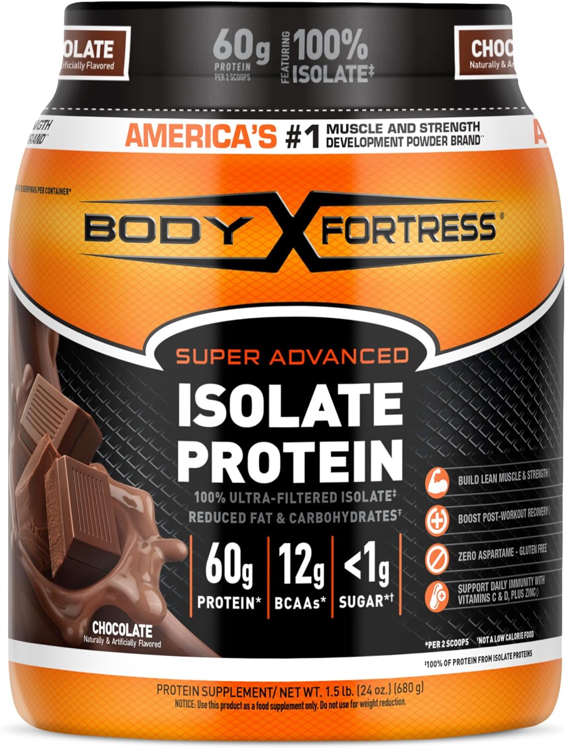 Body Fortress Super Advanced Isolate Protein Powder, Gluten Free, Chocolate, 1.5lbs