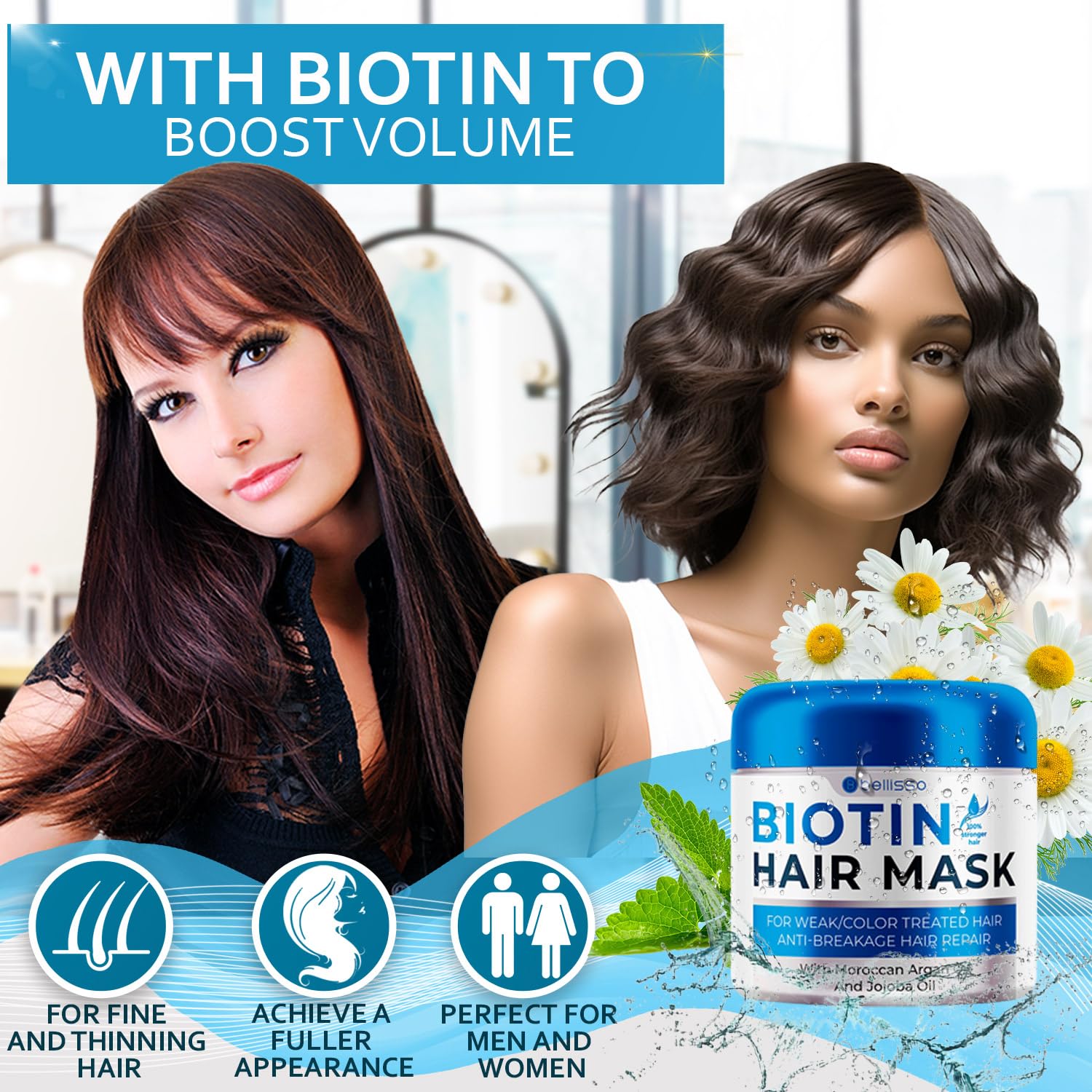 Biotin Hair Mask Deep Conditioner Volume Boost for Dry Damaged Hair Hydrating Repair Treatment 16oz - Image 2