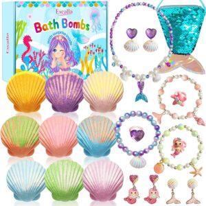 Mermaid Bath Bombs for Kids with Surprise Inside, 9 Pcs Natural Handmade Fizzy Shell Bubble Bath Bomb Kit for Girls with Jewelry Toys, Pefect for Christmas Easter Birthday Gift Princess Party Favor