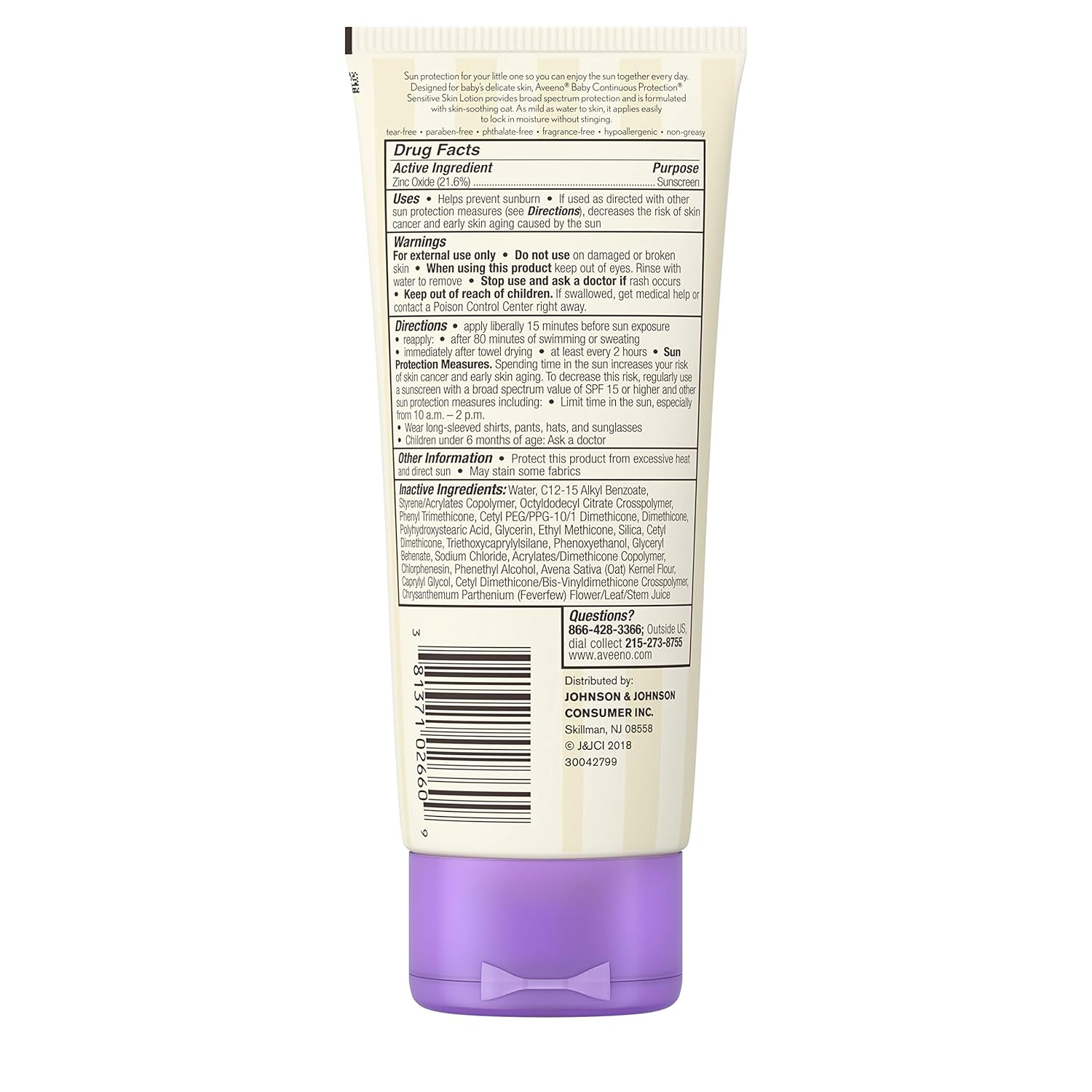 Aveeno Baby Continuous Protection Zinc Oxide Mineral Sunscreen Lotion for Sensitive Skin, Broad Spectrum SPF 50, Tear-Free, Sweat- & Water-Resistant, Paraben-Free, Non-Greasy, 7 fl. oz - Image 13