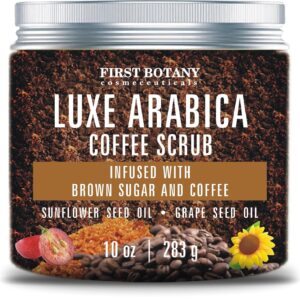First Botany Body Scrub - Natural Exfoliating Sugar Scrub & Body and Face Souffle helps with Moisturizing Skin, Acne, Cellulite, Dead Skin Scars, Wrinkles (10 fl oz, Brown Sugar + Coffee)
