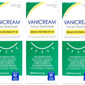 Vanicream Facial Moisturizer Broad Spectrum SPF 30, Zinc Oxide Sunscreen with Ceramides, For Sensitive Skin, Non-Comedogenic and Fragrance-Free, 2.5 oz (Pack of 3)