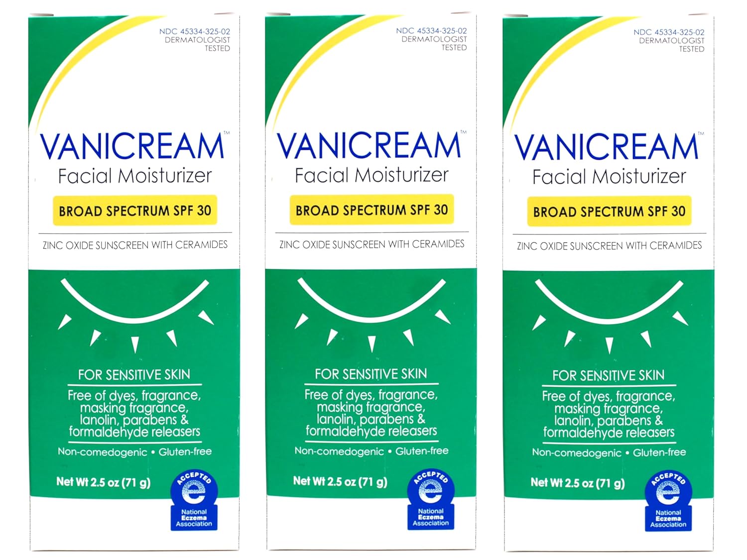 Vanicream Facial Moisturizer Broad Spectrum SPF 30, Zinc Oxide Sunscreen with Ceramides, For Sensitive Skin, Non-Comedogenic and Fragrance-Free, 2.5 oz (Pack of 3)