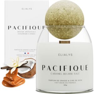 Handmade Scented Candle with Grasse Perfume, Salted Caramel, Crackling Wooden Wick - PACIFIQUE, 12.35 Oz, ±70 Burning Hours, Made in France, Highly Scented & Long Lasting, Luxury Gift