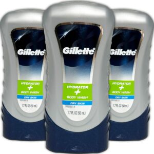 Gillette Hydrator Body Wash for Men, 3 Pack Hydrating Body Wash for Dry Skin, Fresh Long Lasting Scent, Travel Size Toiletries for Gym 1.7 oz Each