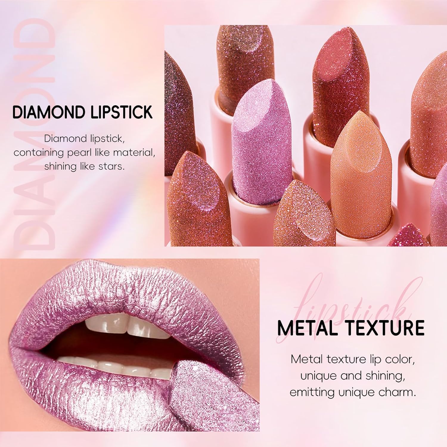 Metallic Pink Frost Glitter Lipstick for Women, Long Lasting High Shine Diamond Creamy Nude Light Pink Lipstick Transfer Proof,Shimmer High Impact Full Coverage Non Stick Cup Lip Makeup#1 - Image 3