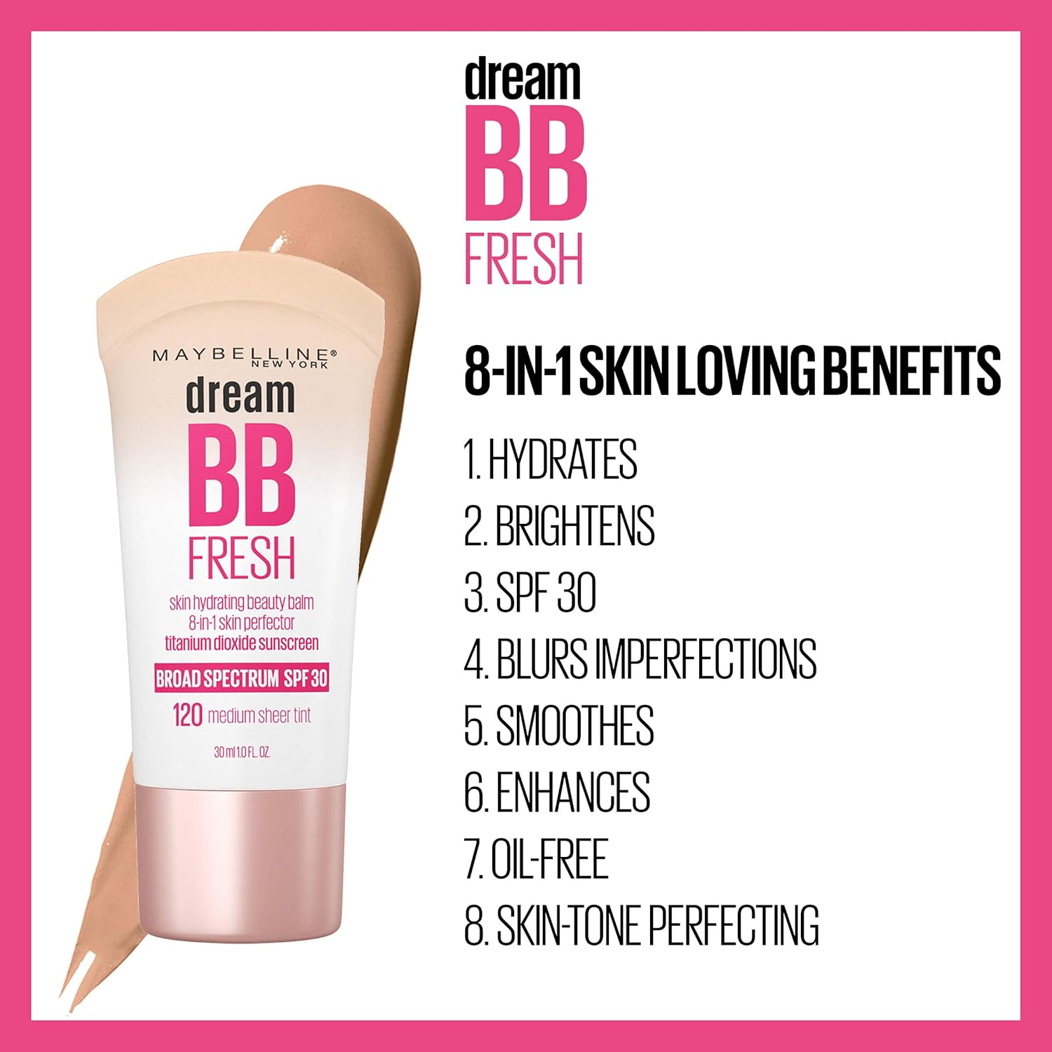 Maybelline Dream Fresh Skin Hydrating BB cream, 8-in-1 Skin Perfecting Beauty Balm with Broad Spectrum SPF 30, Sheer Tint Coverage, Oil-Free, Light, 1 Fl Oz - Image 5