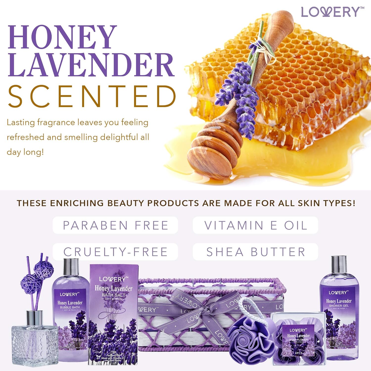 13 Piece Honey Lavender Spa Gift Basket for Her or Him with Essential Oil Diffuser - Image 4