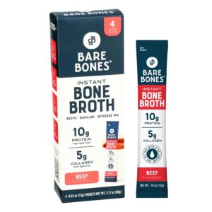Bare Bones Beef Bone Broth Instant Powdered Mix | Rich Savory Packets on-the-Go No Artificial Flavors | 100% Grass Fed Keto & Paleo Friendly | 10g Protein | 4 Pack