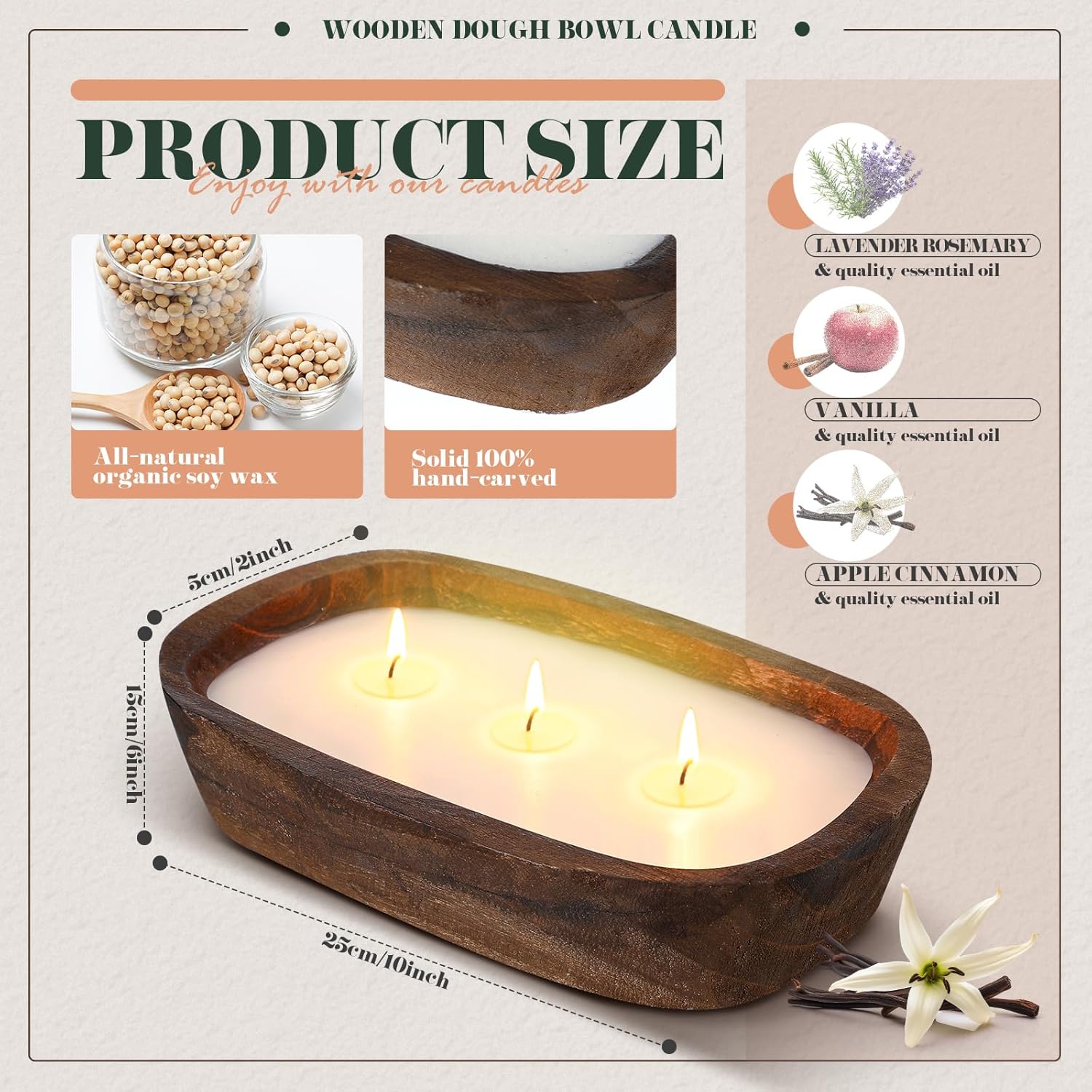 2 Pack Wood Dough Bowl Candle 10 Inch Vanilla Candle Decorative with Wick Scented Candles Soy Gifts for Men Women Farmhouse Table Centerpiece Home(10 Inch,Vanilla) - Image 2