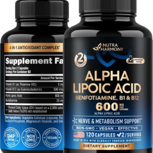 Alpha Lipoic Acid 600mg - ALA Supplement Antioxidant for Nerve, Energy & Metabolism Support - Extra Strength w/Benfotiamine, B1 & B12 - Lab Tested, NON-GMO & Vegan - 120 Capsules, 2 Month