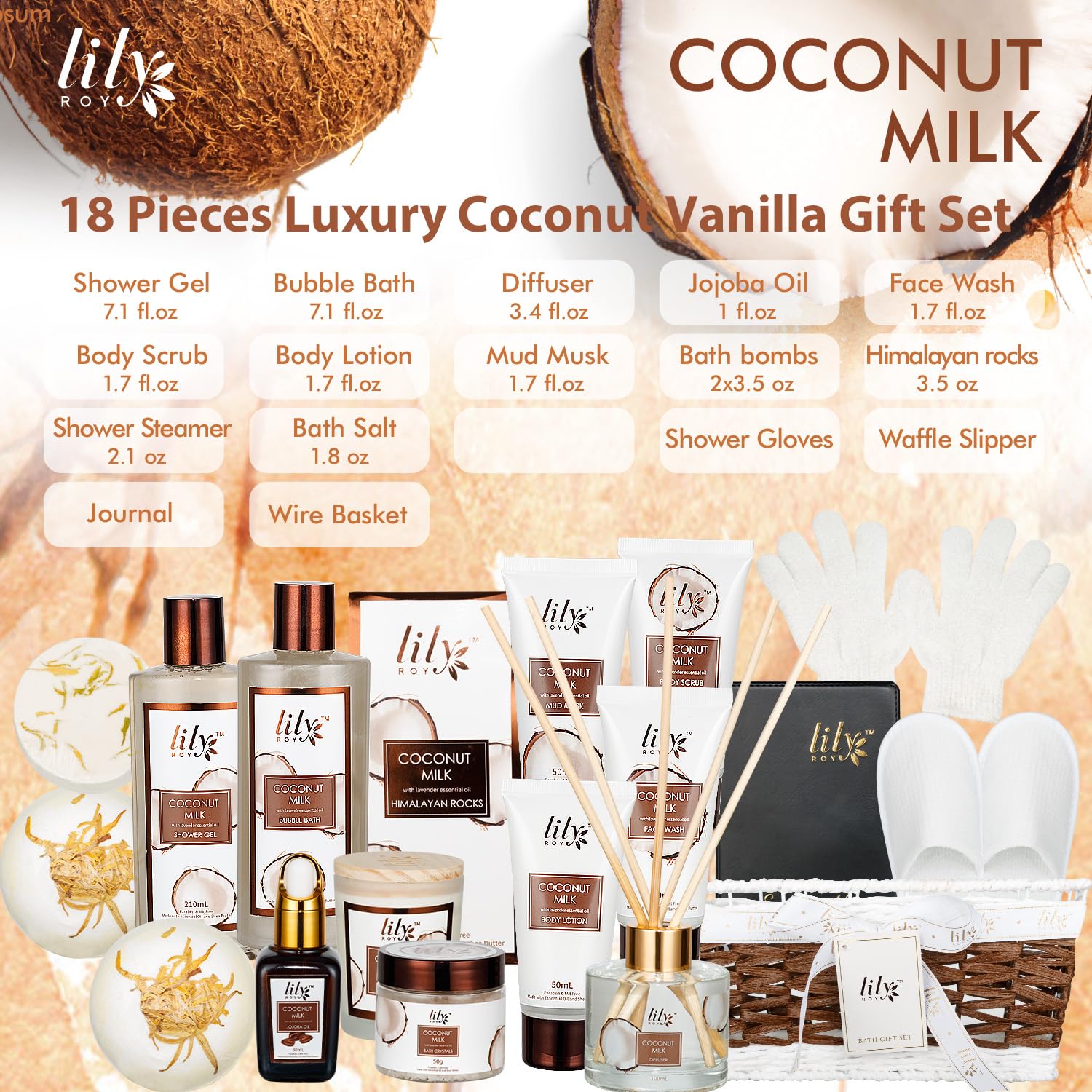 Fathers Day Gifts for Men Dad Coconut Vanilla Spa Gift Basket for Women 18 Pcs Luxury Bath & Body Set with Shower Gel | Relaxing Self Care Pampering Gifts for Her, Birthday, Christmas, Mothers Day - Image 2