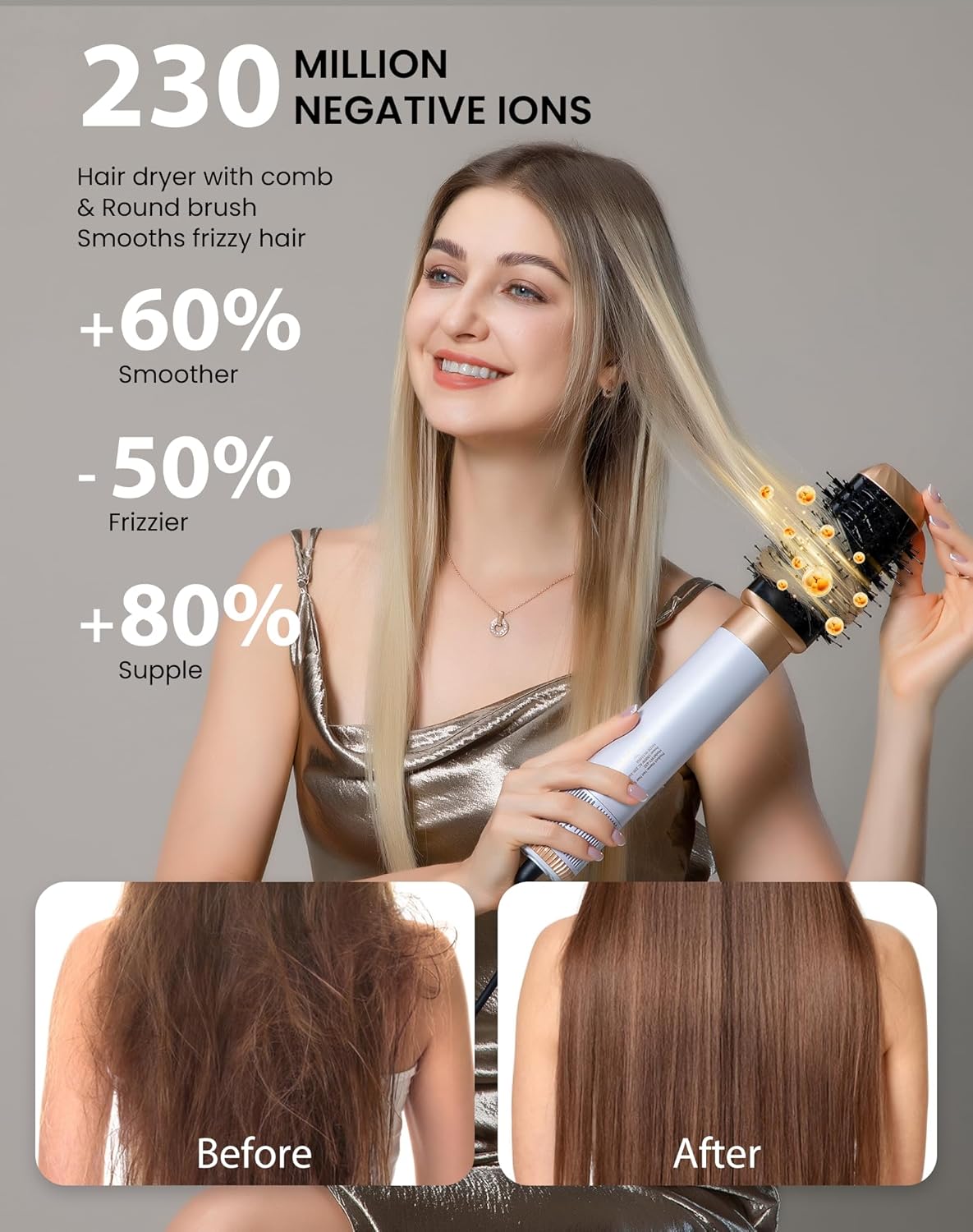 6 in 1 Blow Dryer Brush,Hair Dryer Brush with Ionic Technology, Multifunctional Styler Styling Tools, Auto Air Curler for Hair, Fast Styling for Most Hair Types, Safe ALCI Plug (White Gold) - Image 5
