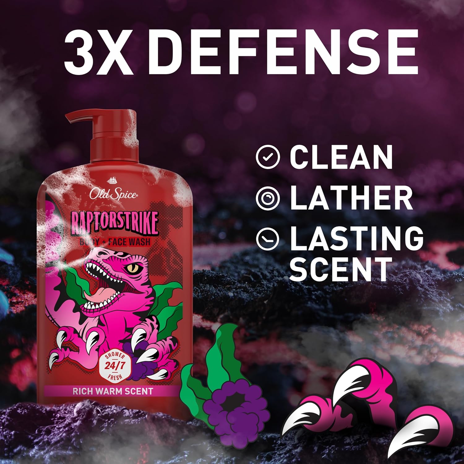 Old Spice Cleansing Body Wash for Men, 3X Defense, 24/7 Shower Fresh with Lasting Scent, 2-in-1 Body & Face Wash, Raptorstrike with Dark Berry Scent, 33.4 oz - Image 2