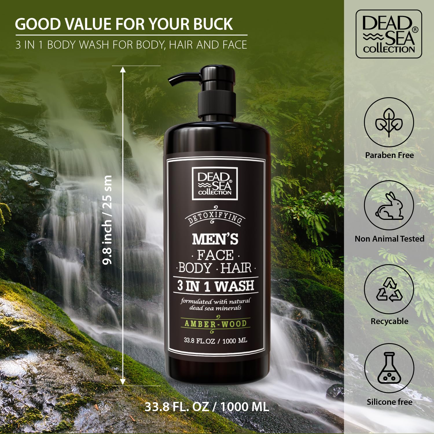 Dead Sea Collection Amber Wood 3-in-1 Men's Body Wash Shampoo Shower Gel 33.8 Fl Oz - Image 4