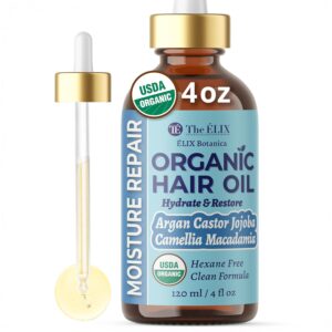 USDA Organic Hair Oil for Moisture Repair - 4OZ - Cold Pressed & Hexane Free Blend of Argan, Castor, Jojoba, Camellia & Macadamia Oils - Made in USA - Nourishing Hair & Scalp Treatment for Women & Men