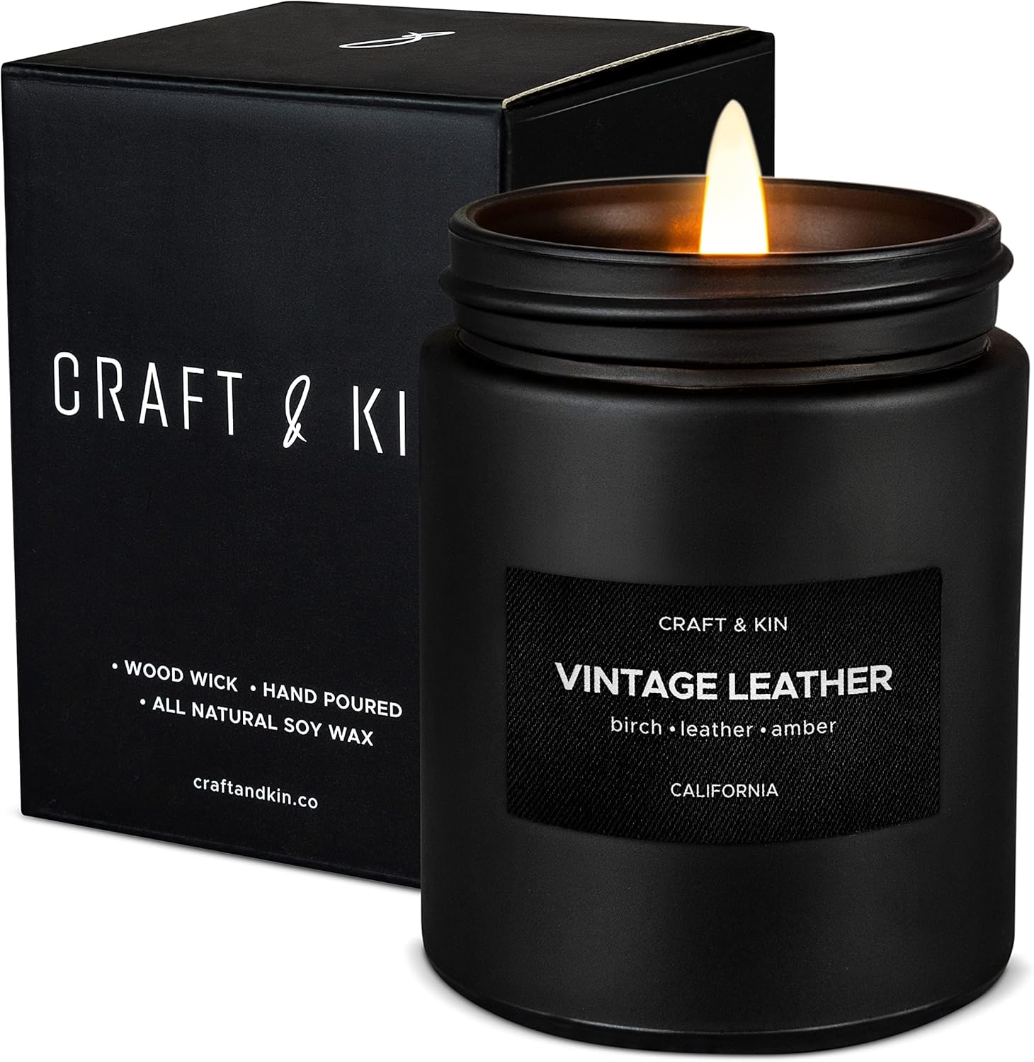 Craft & Kin Premium Vintage Leather Candle | Black Scented Candles for Men | Long Lasting with 45 Hour Burn Time, 7.6oz | Made with Soy | Aromatherapy at Home | Gifts for Men