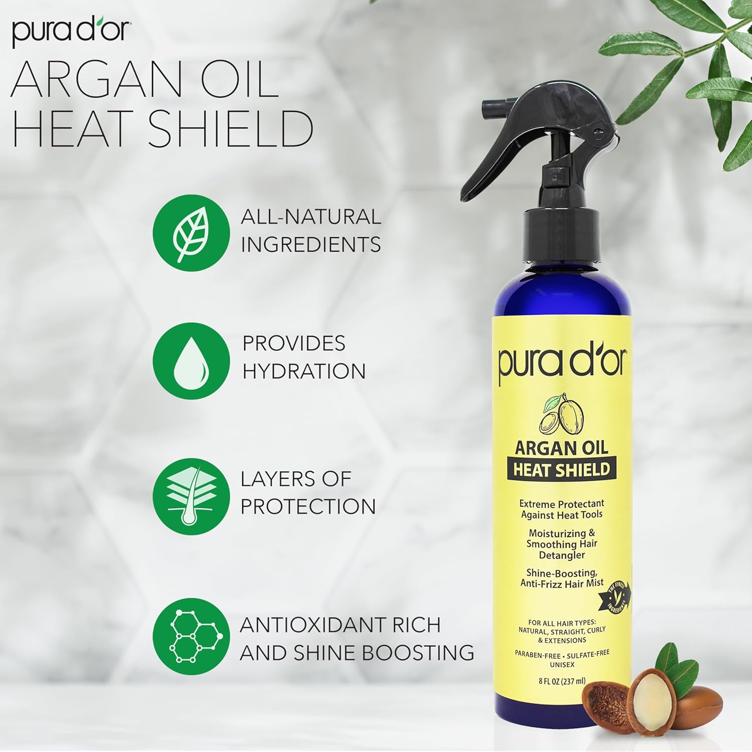 PURA D'OR 8 Oz Argan Oil Heat Shield Protectant Spray with Select Organic Ingredients, Protects Up To 450º F From Flat Iron & Hot Blow Dry, Leave-In, Define & Shine Dry & Damaged Hair - Image 2