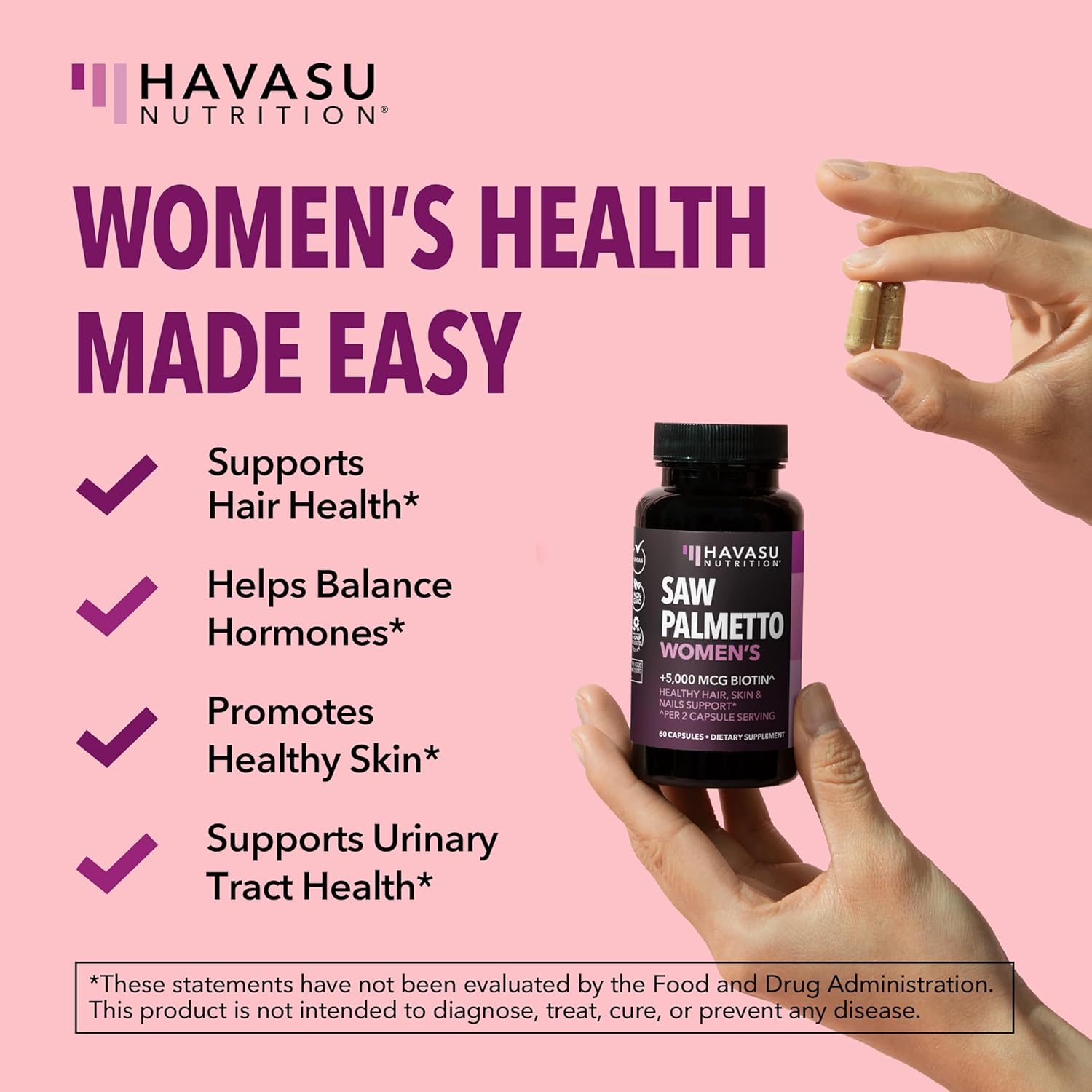 Saw Palmetto for Women with Biotin 5000mcg - Powerful DHT Blocker to Support Hair, Skin, and Nail Health - 60 Count - Vegan, Non-GMO Vitamin for Stronger, Fuller Looking Locks - 1 Month Supply - Image 3