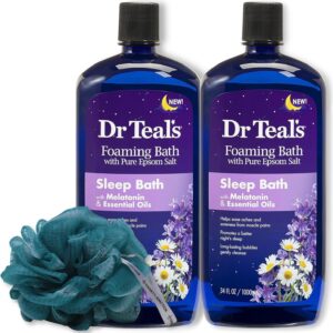 Dr. Teal's Melatonin Foaming Bath 34oz (Pack of 2) with Variety Junction Premium Bath & Shower Sponge - Sleep Inducing Bubble Bath